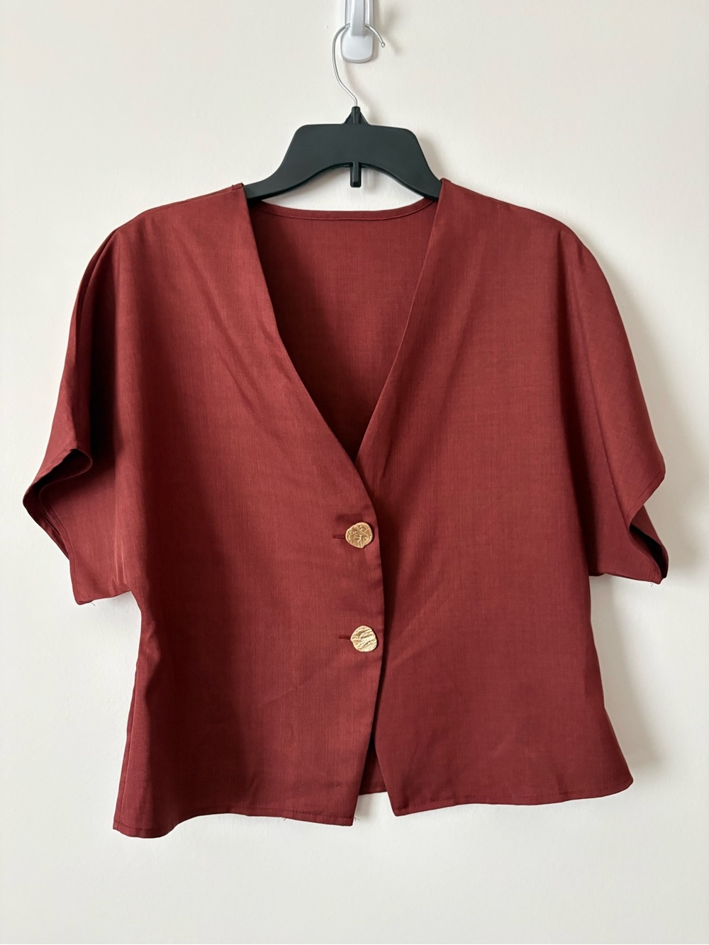 SHEIN Rust Red V-Neck Short Sleeve Button Blouse